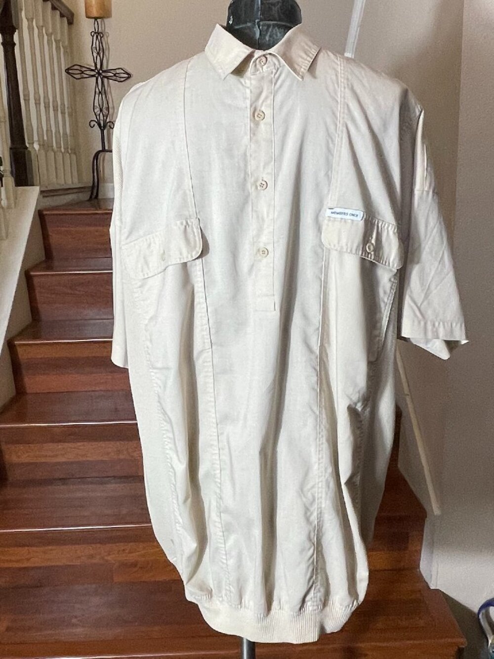 VTG Members Only XXL Beige 1/4 Button-up Ribbed Waistband Collared Short Sleeves